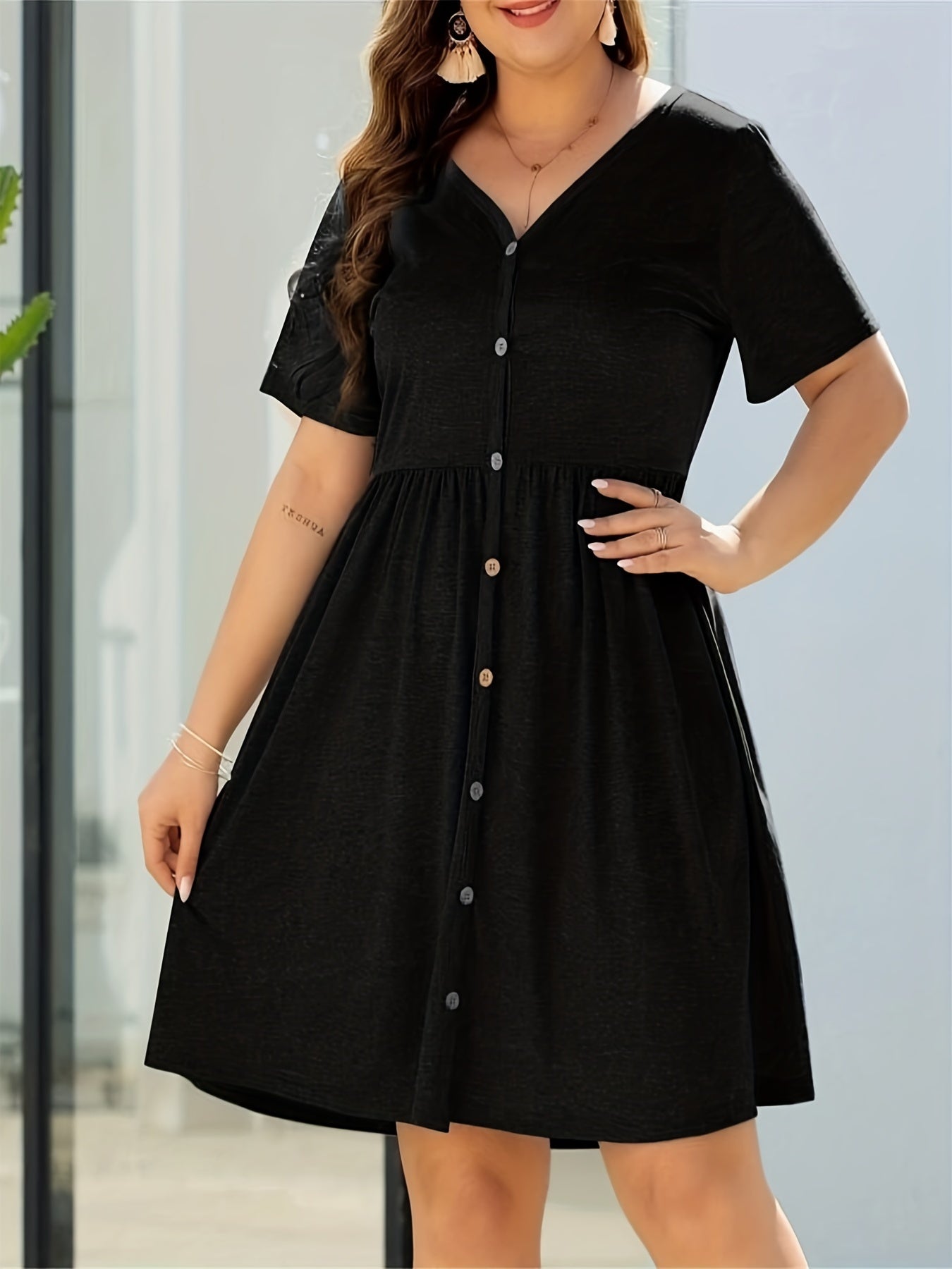 Casual Midi Shirt Dress Short Sleeve Button V Neck Nipped Waist