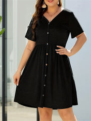 Casual Midi Shirt Dress Short Sleeve Button V Neck Nipped Waist
