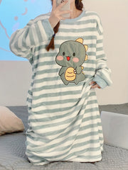 Cartoon Dinosaur Print NightDress Long Sleeve Crew Neck Fuzzy Pajama Dress