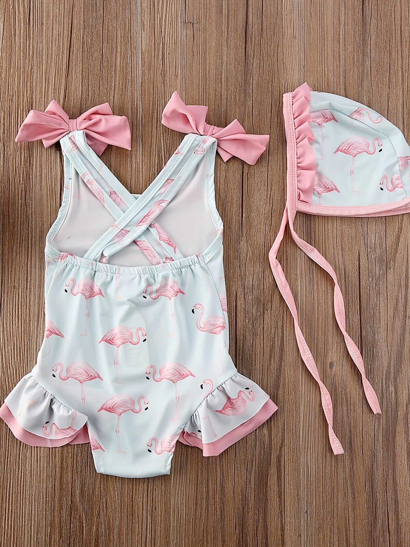 2pcs Toddler Baby Girl Flamingo Swimsuit Ruffle Bathing Suits & Hats