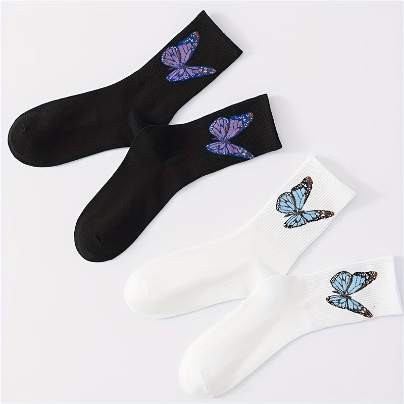 Butterfly Print Socks, Comfy & Breathable Mid Tube Stockings
