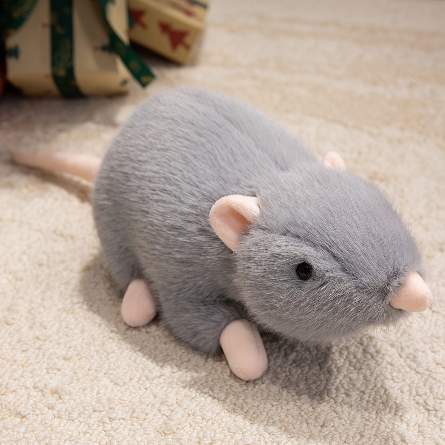 Soft Plush Mouse Toy Realistic Stuffed Animal with Brown & Olive Green Stripes