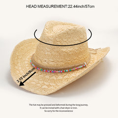 Beige Cowboy Cowgirl Hat Colorful Beads Straw Sun Hat