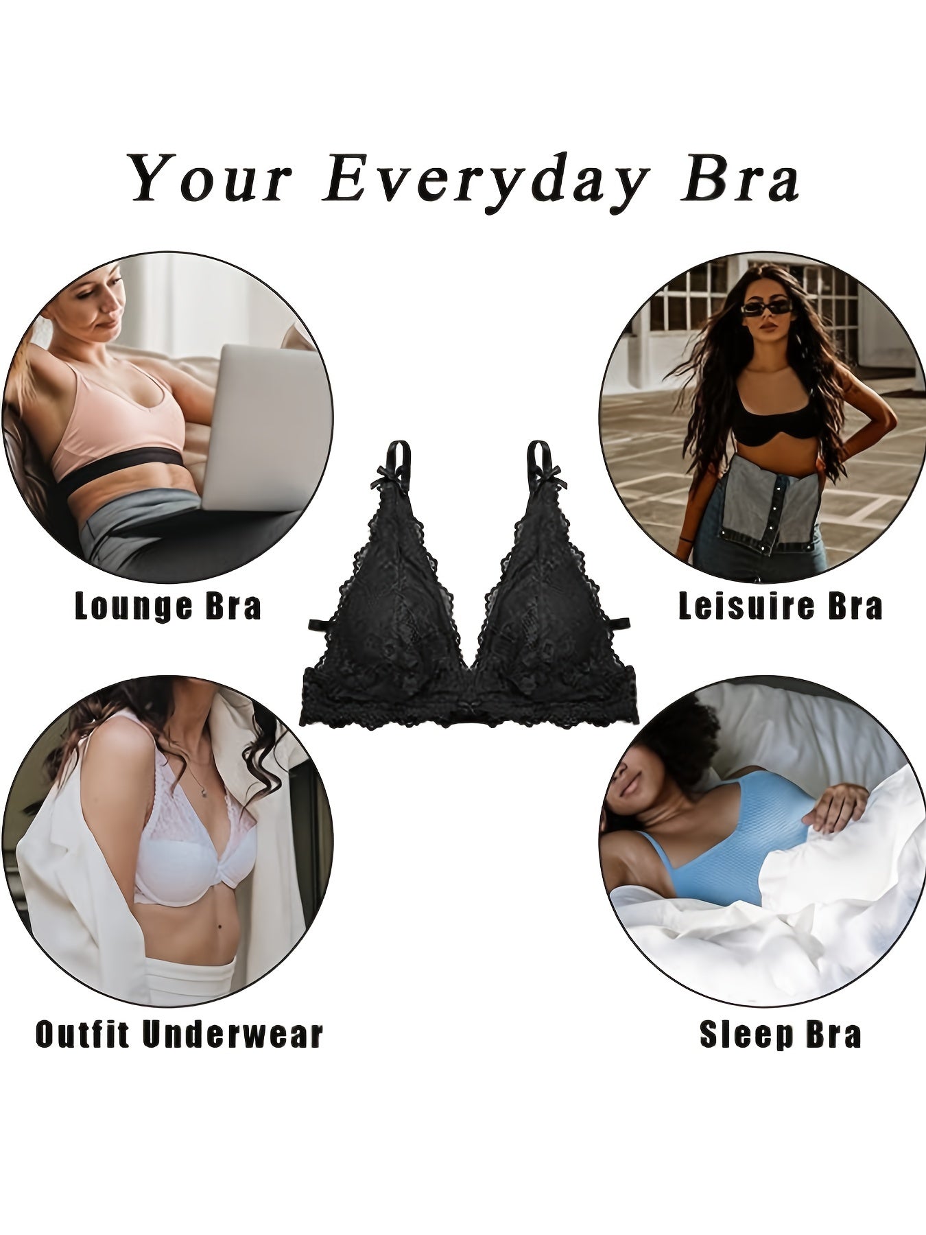 Women's Lace Triangle Bra Wireless Padded Plunge Low Back Bras with Bowknot