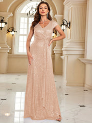 Sequin Twist Front Bridesmaid Dress V neck Short Sleeve Dress For Wedding Party