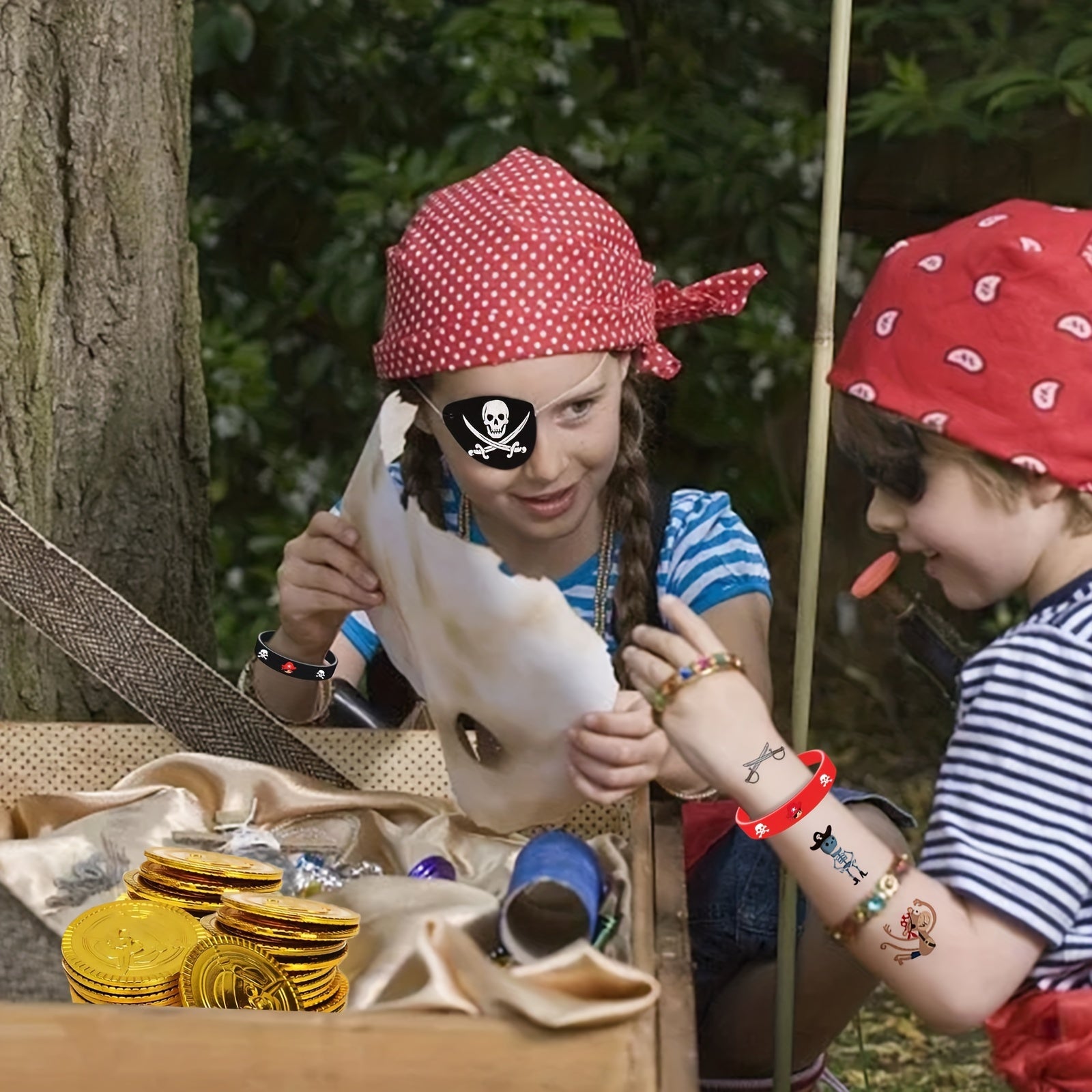 Pirate Party Favors: Coins, Gems, Bracelets, Eye Patch Tattoos