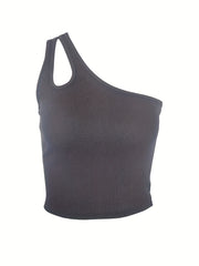 Ribbed Crop Top Hollow Out One Shoulder Sleeveless Top