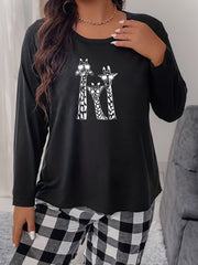 Funny Giraffe Print Long Sleeve Round Neck Tee