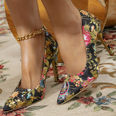 Floral Print High Heels Pointed Toe Slip On Stiletto Sexy Dress Shoes