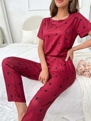 Heart Print Short Sleeve Pajama Set