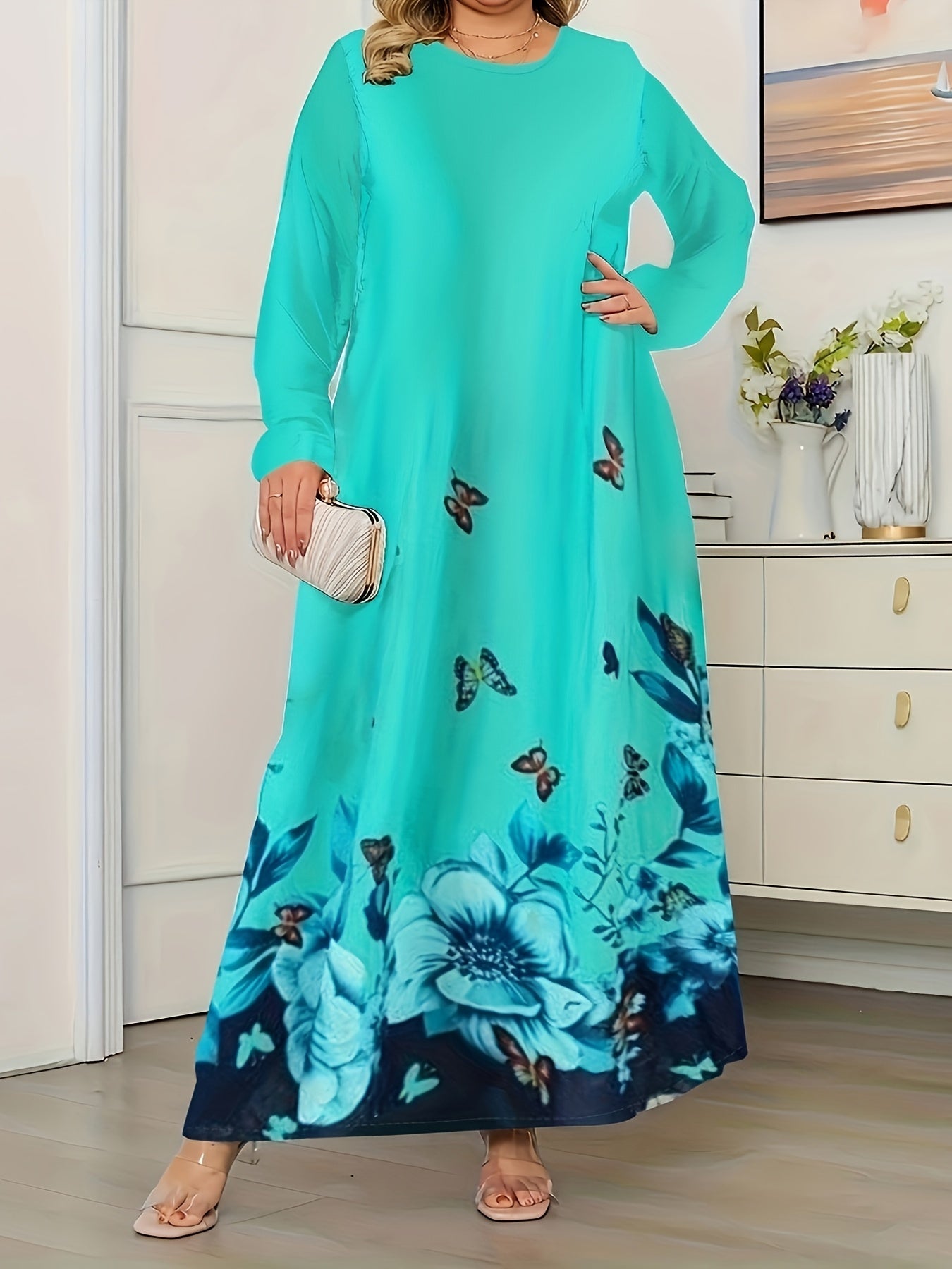 Boho Dress Women's Plus Butterfly & Floral Print Maxi Dress