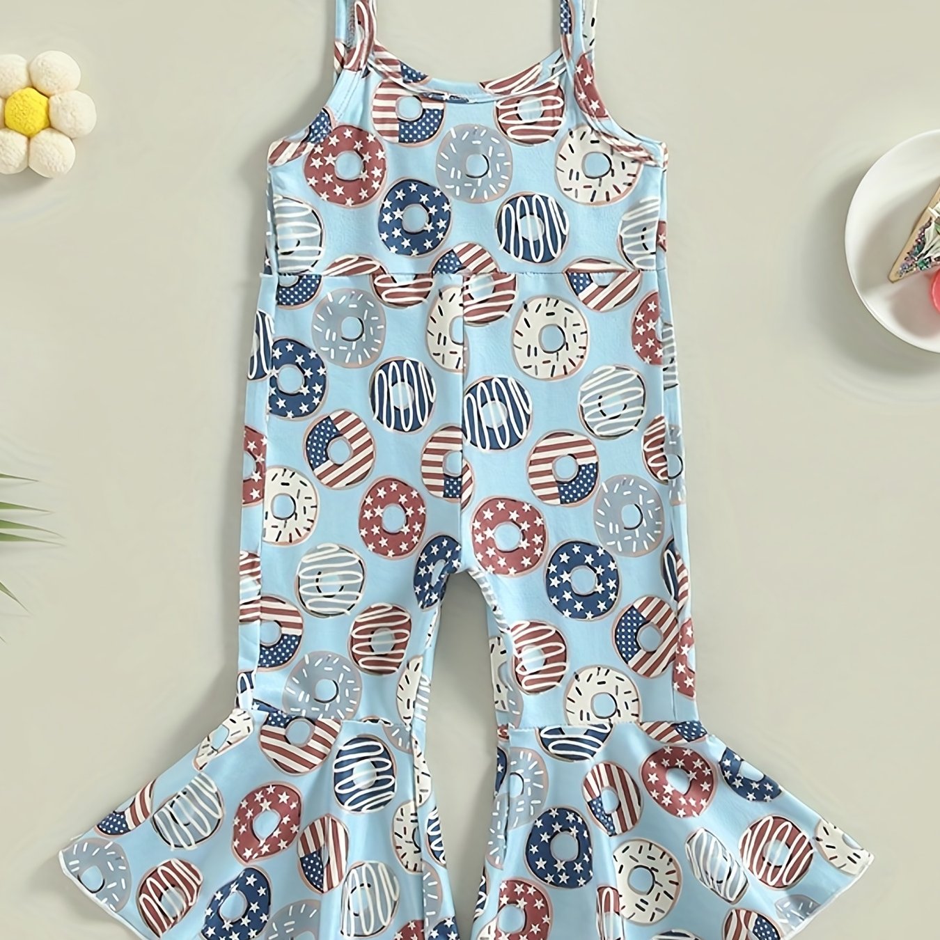 Girl Donuts Print Overall Jumpsuit Sleeveless Wide Leg Romper Pants