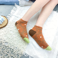 5 Pairs Floral Print Short Socks Retro Style All match Textured Socks