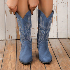 Women's Retro Western Boots Embroidered V-cut Mid Calf Boots
