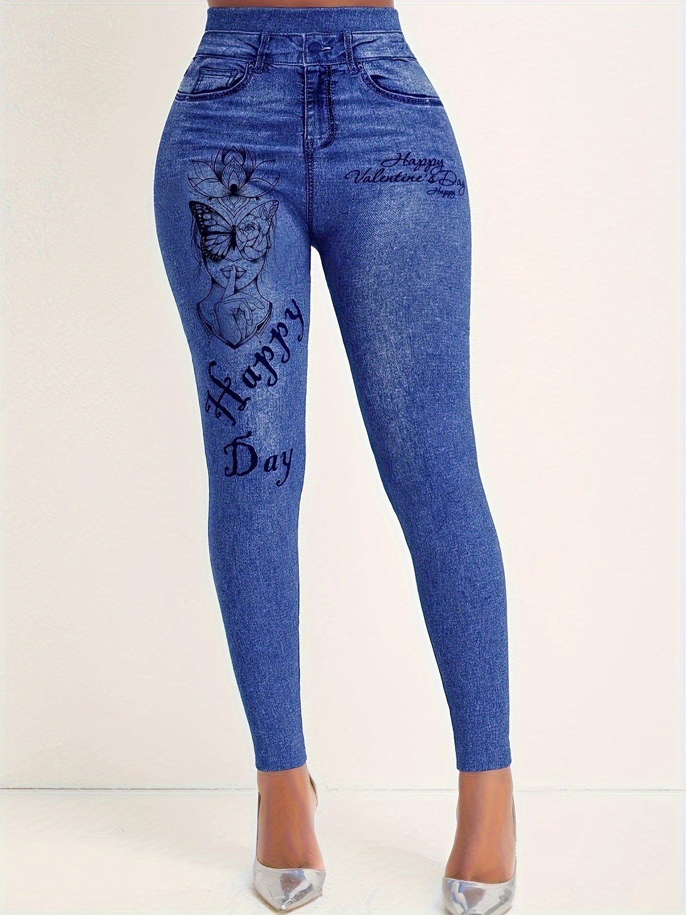 Denim Butterfly Print High Rise Leggings