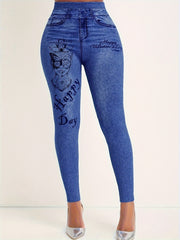 Denim Butterfly Print High Rise Leggings
