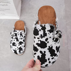 Women's Cow Print Mules Buckle Strap Flat Clogs