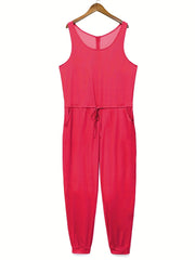 Casual Tank Jumpsuit Solid Round Neck Drawstring With Pockets