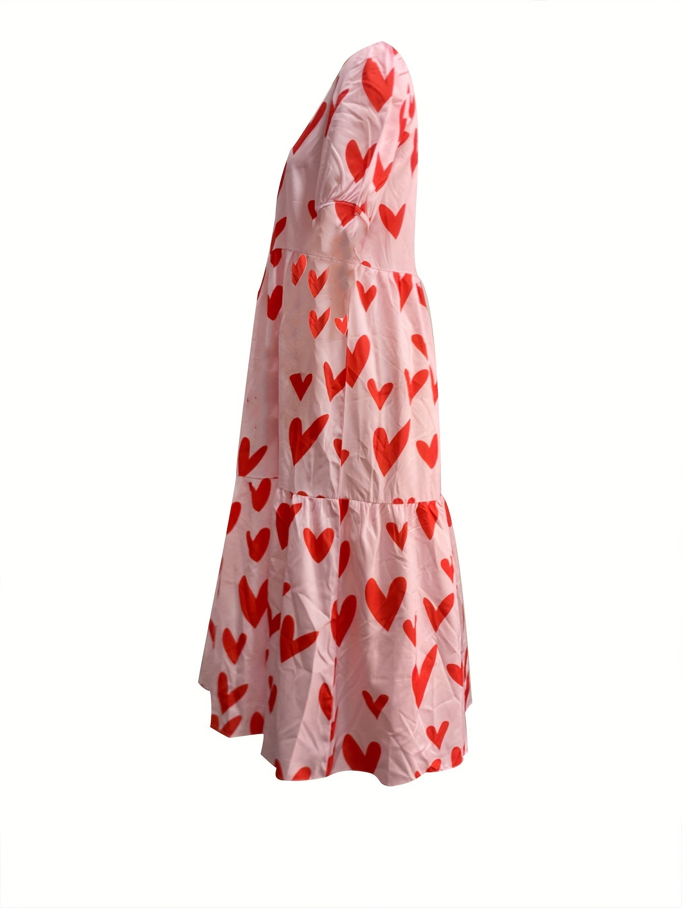 Heart Print Puff Sleeve Dress Crew Neck Casual Tiered Dress