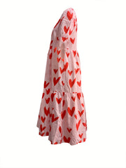 Heart Print Puff Sleeve Dress Crew Neck Casual Tiered Dress