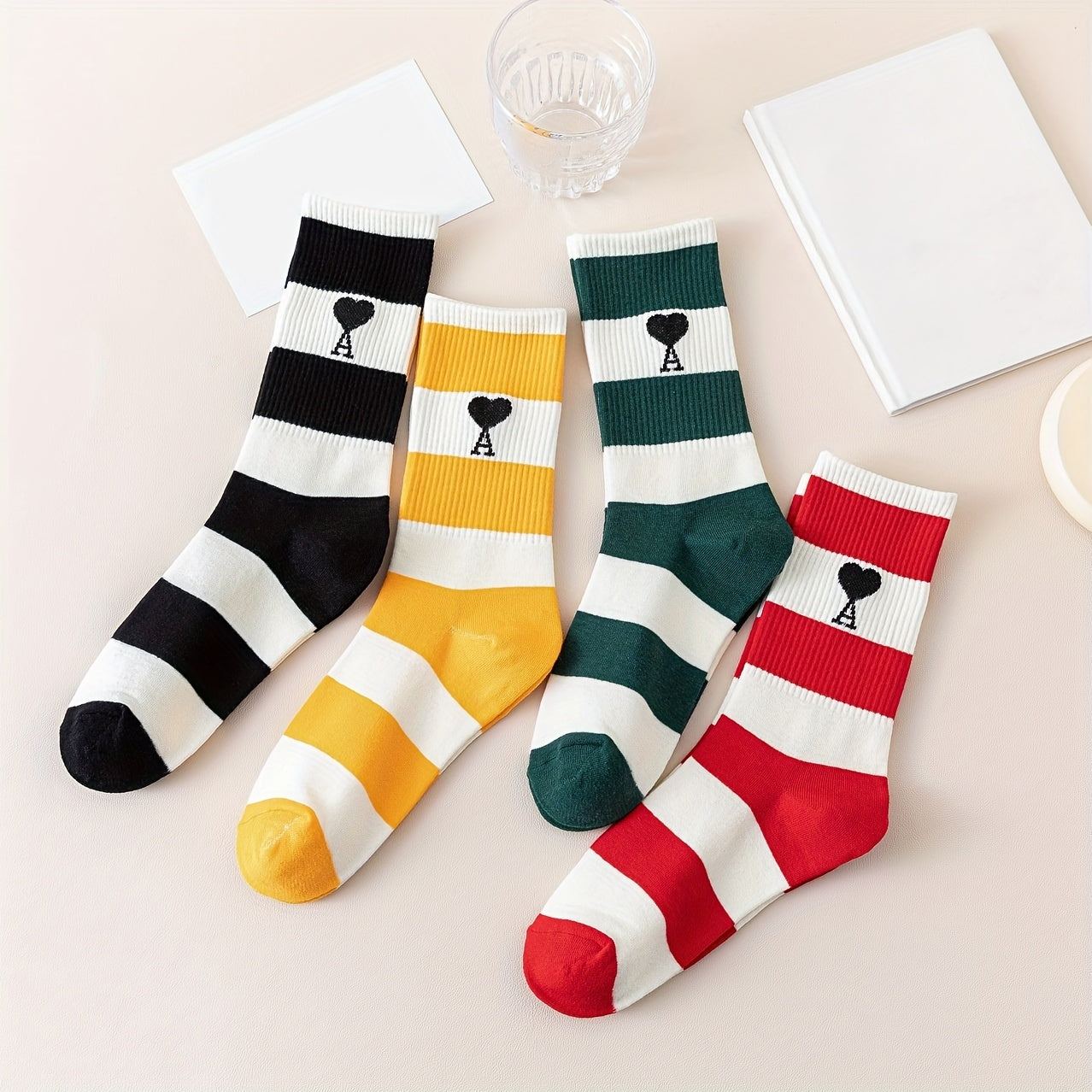 4 Pairs Heart & Striped Crew Socks - Comfy & Breathable Women's Stockings
