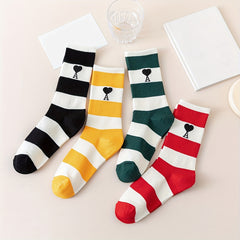 4 Pairs Heart & Striped Crew Socks - Comfy & Breathable Women's Stockings