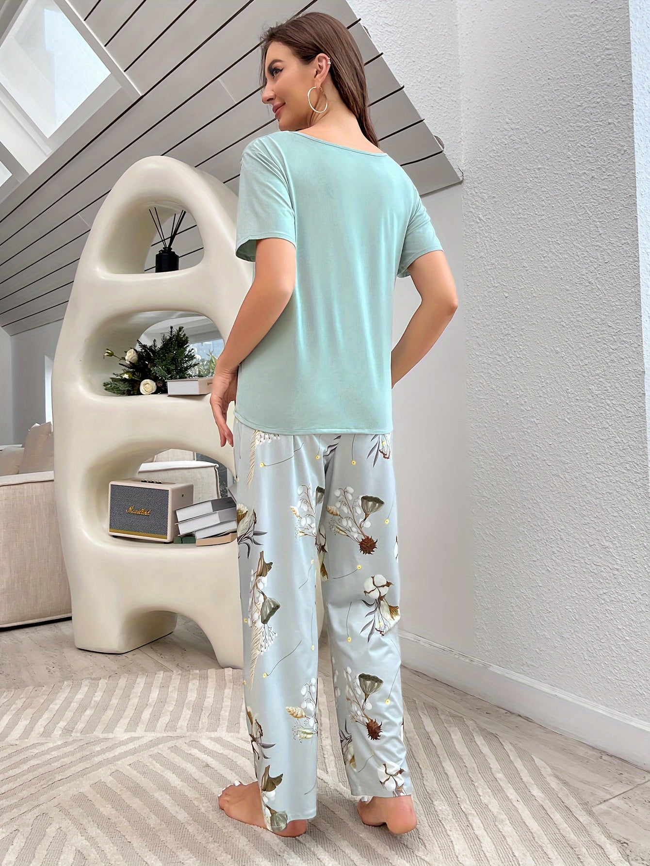 Floral Print Lounge Set V-Neck Top & Elastic Waist Pants