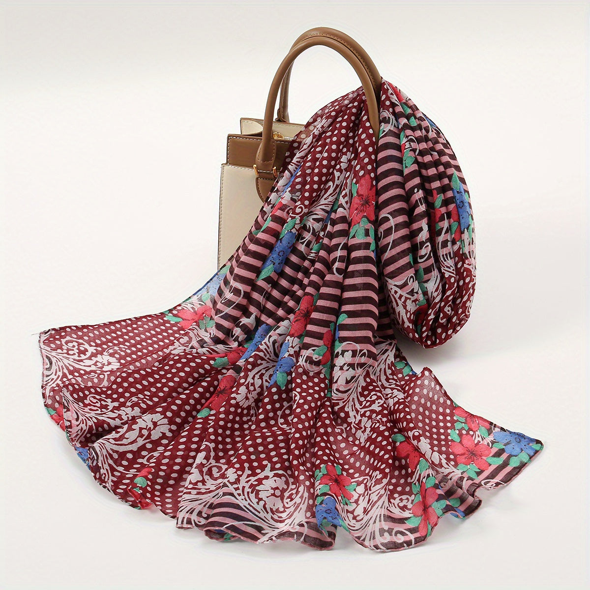 Dot Flower Print Red Scarf Classic Boho Striped Shawl
