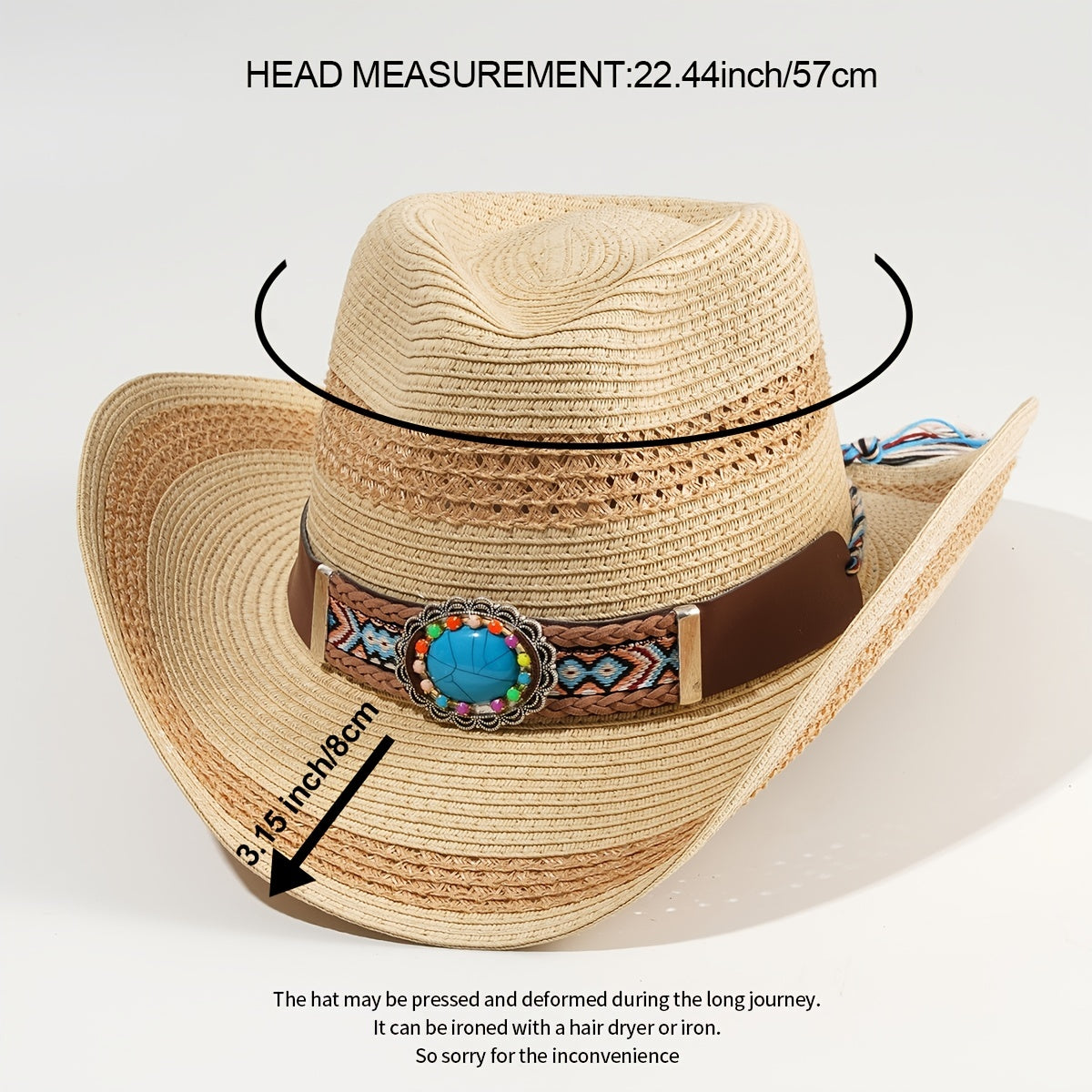 Khaki Cowboy Hat Curved Brim Straw Hat Wide Faux Jade Belt Decor Visor Hats