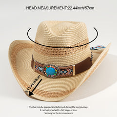 Khaki Cowboy Hat Curved Brim Straw Hat Wide Faux Jade Belt Decor Visor Hats