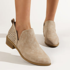 Women's Block Heel Ankle Boots V-Cut Pointed Toe Slip-On Short Boots