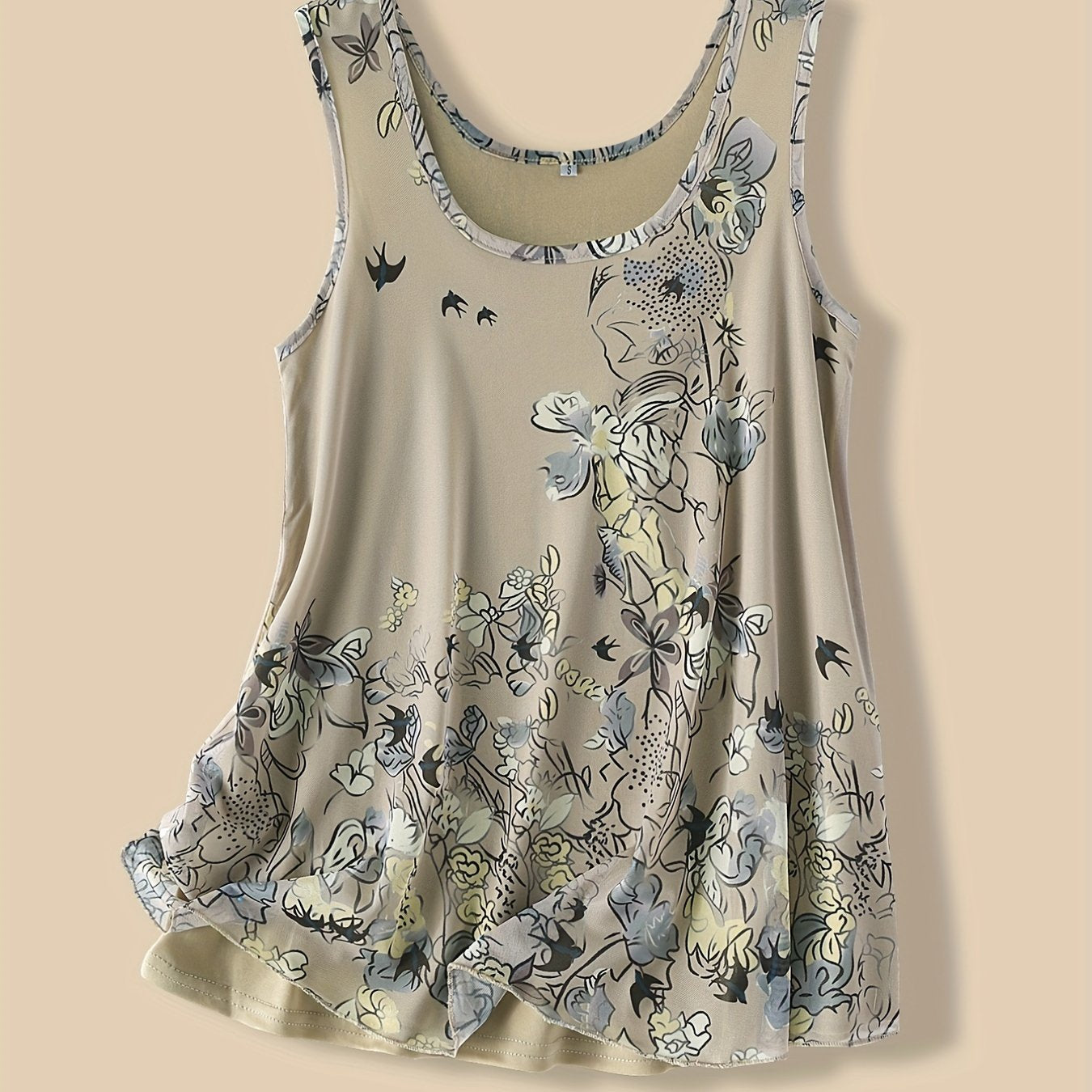 Vintage Floral Print Tank Top Crew Neck Sleeveless Summer Top