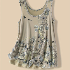 Vintage Floral Print Tank Top Crew Neck Sleeveless Summer Top