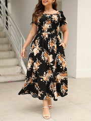 Floral Print Off Shoulder Maxi Dress With Pockets