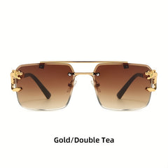 Metal Double Beam Sunglasses Leopard Rimless Square Glasses