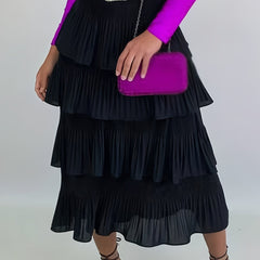 Women's Plus Pleated Elastic Waist Ruffle Trim Layered Skirt
