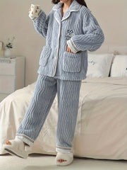 Heart Print Fuzzy Pajama Set Long Sleeve Top & Pants
