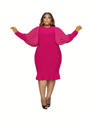 Solid Lantern Sleeve Ruffle Trim Dress