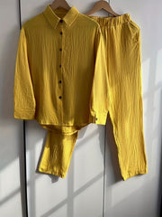 Solid Matching Two piece Set Long Sleeve Shirt & Casual Pants