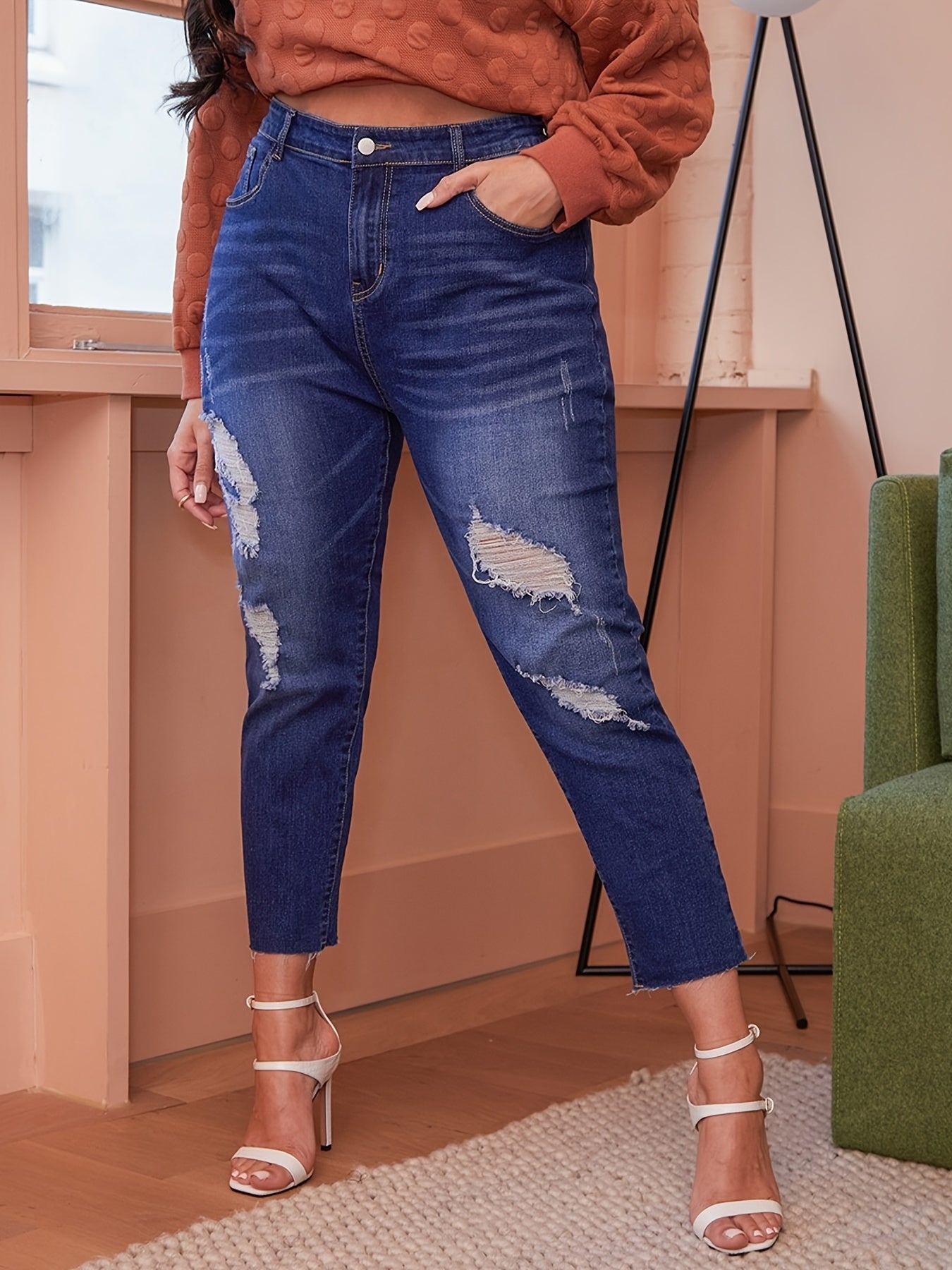 Ripped Straight Leg Cropped Jeans Women's Plus Medium Stretch Jeans
