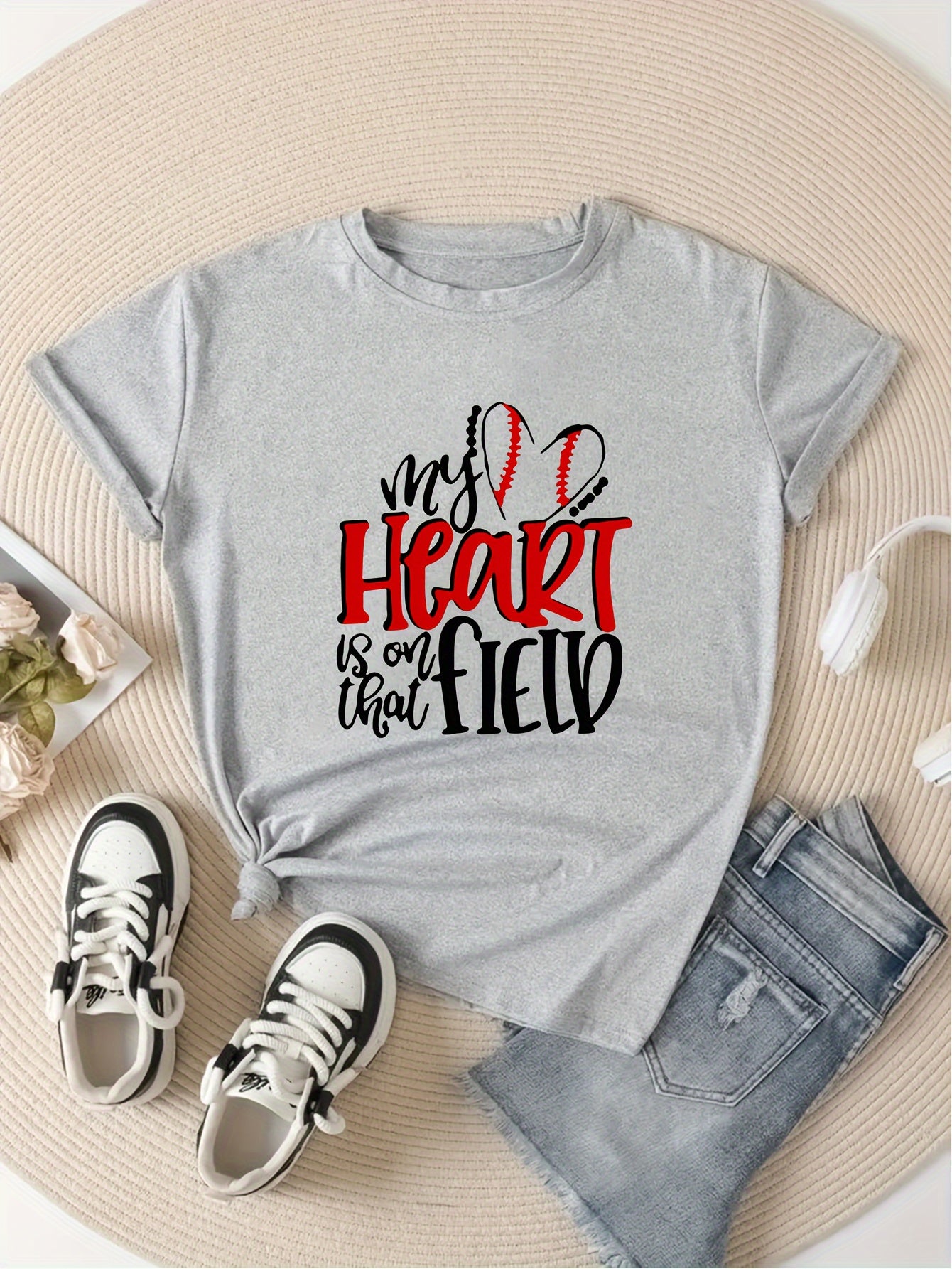 Heart Baseball Letter Short Sleeve Sports Tee for Women