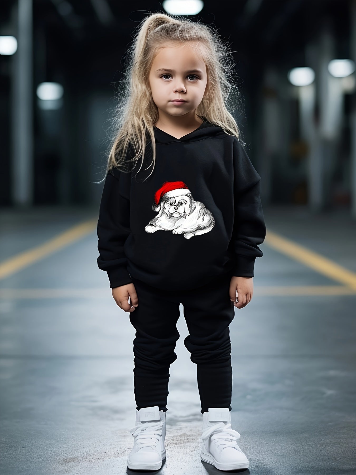 Girls Santa Hat Pattern Hooded Sweatshirt Set