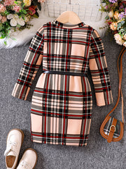 Girls' Classic Plaid Bodycon Dress With Belt Slim Fit