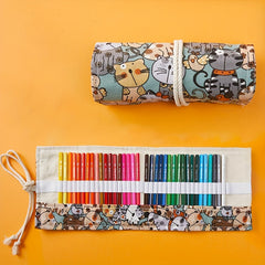 Japanese Style Canvas Pen Curtain Pencil Bag 36 Holes Large Capacity