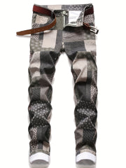 Men's Plaid Allover Print Jeans Patchwork Style Denim Pants