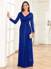 Sequins V Neck Evening Dress Long Sleeve Waist Guest Prom Cocktail Floor Length