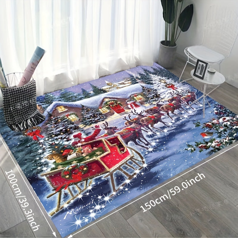 Christmas Deer Cart Flannel Rug for Living Room Bedroom Non-slip Kitchen