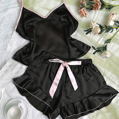 Satin Pajama Set V Neck Cami Top & Ruffle Shorts