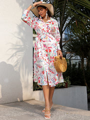 Women's Plus Floral Print Button Up Long Sleeve Polo Neck Shirt Dress