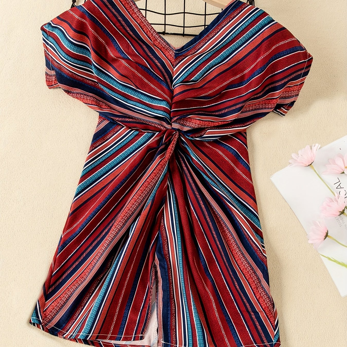 Girls Bohemian Style Dress Short Sleeve Striped V-neck Dress